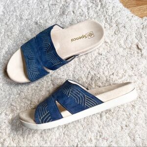 Spenco: Navy Suede with Yellow Exposed Stitching Twilight Ellie Sandals